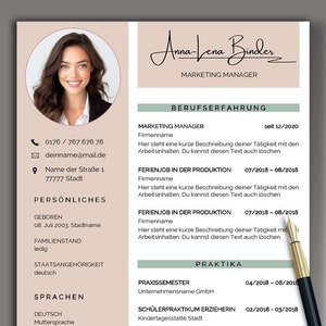 Op de afbeelding: Een cv-sjabloon met een roze en groene kleurschema. De cv is voor een marketingmanager genaamd Anna-Lena Binder. De cv bevat contactgegevens, werkervaring, opleiding en vaardigheden.