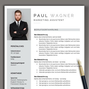 Puede incluir: Un currículum vitae en blanco y negro con el nombre Paul Wagner y el título de Asistente de Marketing. El currículum vitae enumera información personal, habilidades y experiencia laboral.