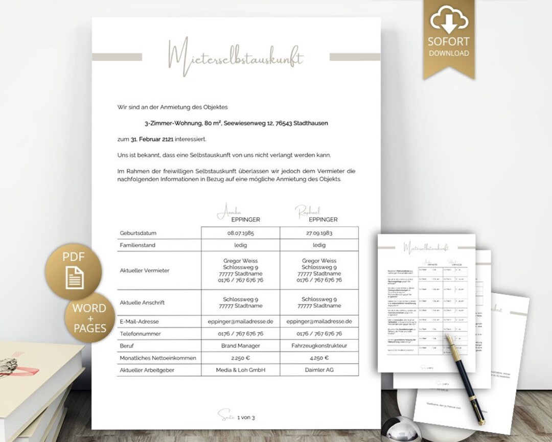 Mieterselbstauskunft PDF & Vorlage Word Pages Inkl. Mietschuldenfreiheitsbescheinigung Formular