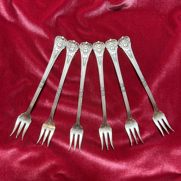 Antique Egyptian Scarab Set of 6 Cocktail Forks 1909 Cafe de L’Opera (NYC)