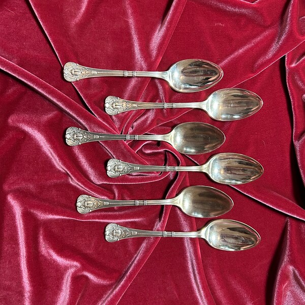 Antique Egyptian Scarab Set of 6 Large Oval Dinner Spoons 1909 EHH Smith for Cafe de L’Opera (NYC)