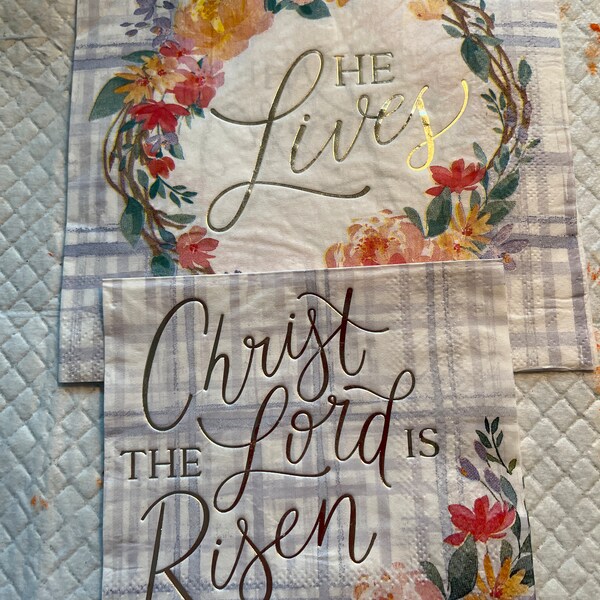 Set of two Easter napkins. He lives. Christ the Lord is risen.