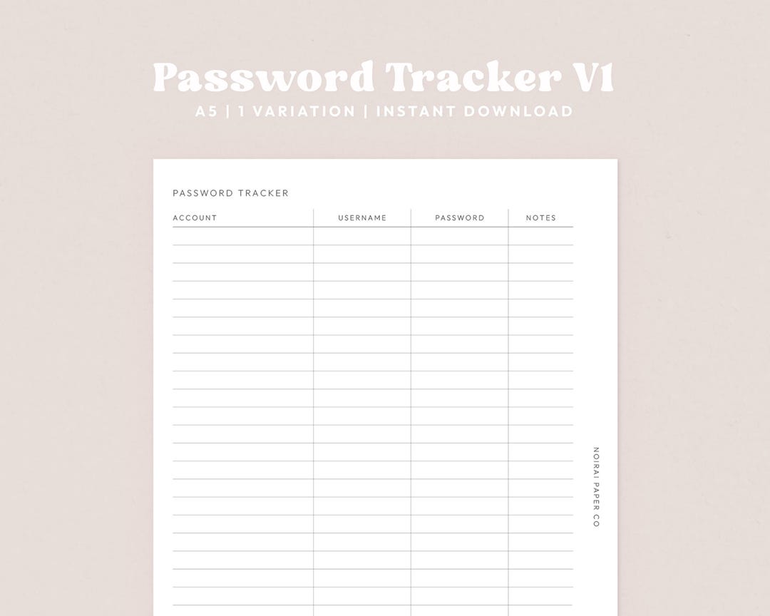 Password Tracker V1 A5 Printable PDF and Digital Download Planner ...