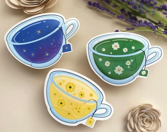 Flower Tea Cup Stickers | Chrysanthemum Tea | Butterfly Pea Tea | Green Tea | Laptop Sticker | Diecut Sticker | Vinyl Sticker | Floral
