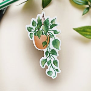 Puede incluir: Una pegatina de acuarela de una planta colgante en una maceta de terracota. La pegatina presenta hojas verdes y una maceta marrón, con un borde blanco. Marcadores verdes y ramas frondosas en el fondo.