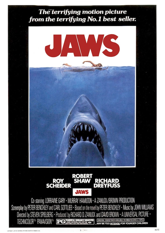 Jaws (1975) Poster Spielberg Great White Shark Fisherman Horror
