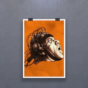 Puede incluir: Una ilustración en blanco y negro de una cabeza humana con cables y un dispositivo conectado a ella. El fondo es naranja.