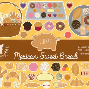 May include: A digital collection of Mexican sweet bread clipart featuring a brown woven basket, a gray tray, and various individual pastries including conchas, churros, donuts, and cookies on a yellow striped background with text.