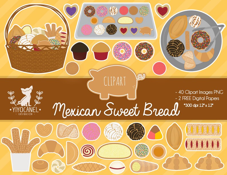 May include: A digital collection of Mexican sweet bread clipart featuring a brown woven basket, a gray tray, and various individual pastries including conchas, churros, donuts, and cookies on a yellow striped background with text.