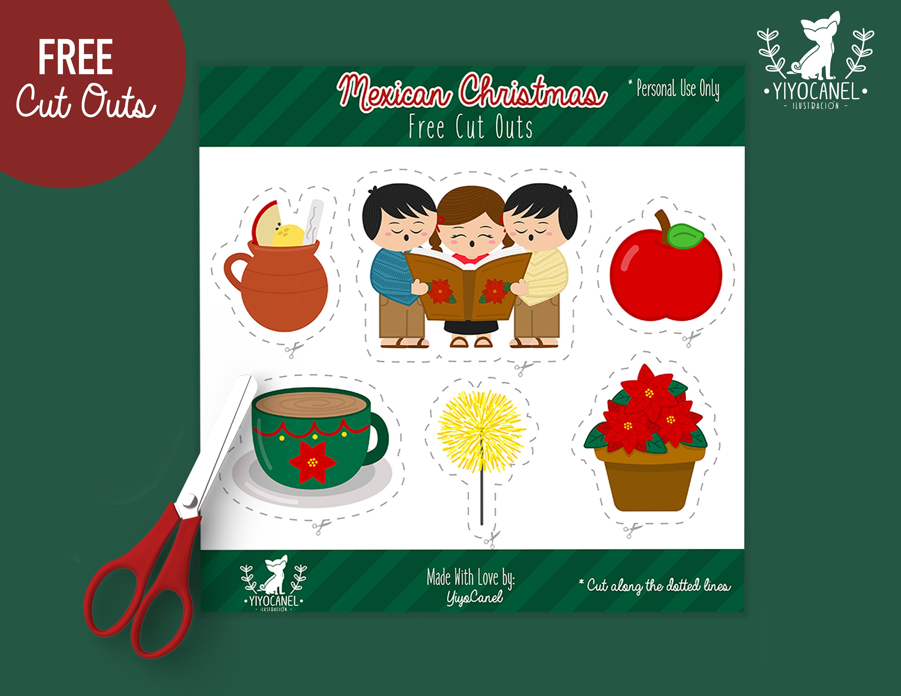 Mexican Christmas Digital Paper, FREE Mexican Christmas Cutoutsheet