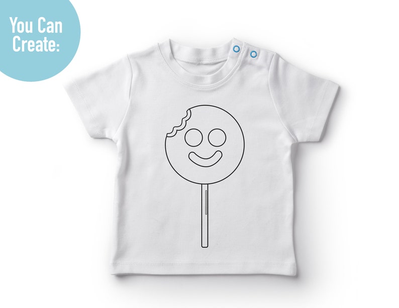 K&ouml;nnte beinhalten: Ein wei&szlig;es T-Shirt mit einer schwarzen Umrandung eines Lollipops mit einem l&auml;chelnden Gesicht. Der Lollipop hat einen Bissen.