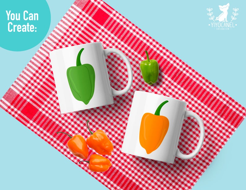 May include: Two white mugs with a red and white checkered tablecloth. One mug has a green pepper illustration and the other has an orange pepper illustration. There are three small orange peppers on the tablecloth.