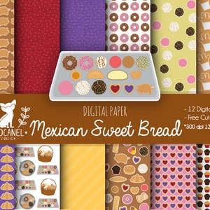 May include: A collection of twelve digital papers featuring patterns of Mexican sweet bread, including conchas, pig-shaped cookies, and heart-shaped pastries. The set includes a tray illustration with various baked goods and text reading Mexican Sweet Bread.