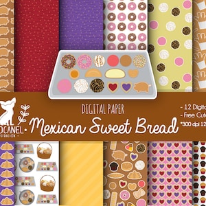 May include: A collection of twelve digital papers featuring patterns of Mexican sweet bread, including conchas, pig-shaped cookies, and heart-shaped pastries. The set includes a tray illustration with various baked goods and text reading Mexican Sweet Bread.