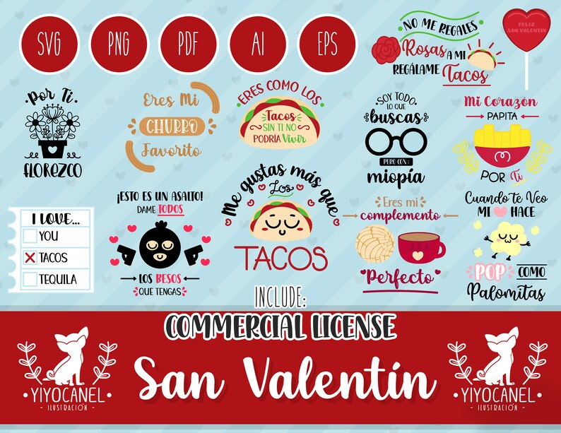 May include: A collection of colourful digital designs featuring Valentine's Day themed illustrations and text in Spanish. The designs include hearts, tacos, flowers, and other romantic imagery. The text includes phrases like "Eres mi churro favorito" and "No me regales rosas a mi, reg&aacute;lame tacos".