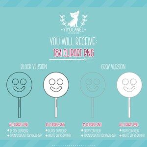 K&ouml;nnte beinhalten: Ein Set mit 184 digitalen Clipart-Bildern eines l&auml;chelnden Lollipops in Schwarz- und Graut&ouml;nen. Die Clipart-Bilder sind sowohl mit transparentem als auch mit wei&szlig;em Hintergrund verf&uuml;gbar.