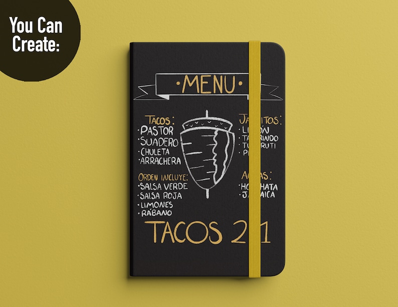 K&ouml;nnte beinhalten: Eine schwarze Kreidetafel-Speisekarte mit wei&szlig;em Text und einer Zeichnung eines Tacos. Die Speisekarte listet verschiedene Arten von Tacos auf, darunter Pastor, Suadero, Chuleta und Arrachera. Au&szlig;erdem enth&auml;lt sie eine Liste der Zutaten, die zu den Tacos geh&ouml;ren, wie Salsa Verde, Salsa Roja, Limetten und Radieschen. Die Speisekarte tr&auml;gt den Titel "Tacos 21".