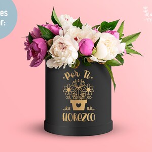May include: A black cylindrical box with a gold design featuring flowers and the text "Por Ti. Florezco". The box is filled with a bouquet of pink and white peonies.
