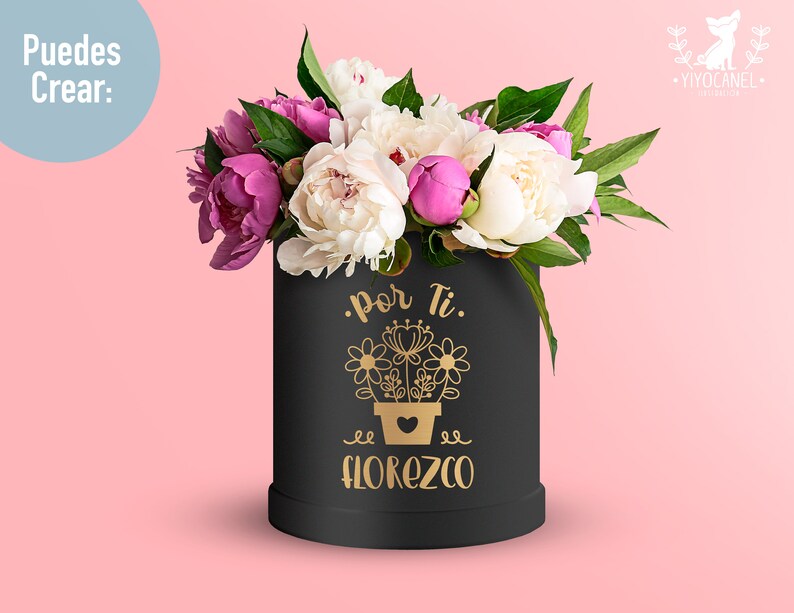 May include: A black cylindrical box with a gold design featuring flowers and the text "Por Ti. Florezco". The box is filled with a bouquet of pink and white peonies.
