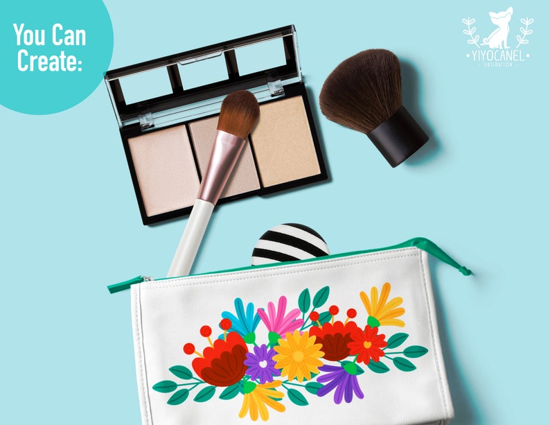 May include: A white zippered pouch with a green zipper pull. The pouch has a colorful floral design with red, yellow, orange, green, purple, and pink flowers. The pouch is on a light blue background with a makeup brush, a makeup palette, and a small black and white striped circle.
