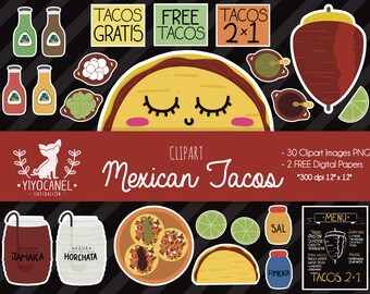 Tacos Clipart Set, Mexican Food PNG, Digital Paper (300 DPI)