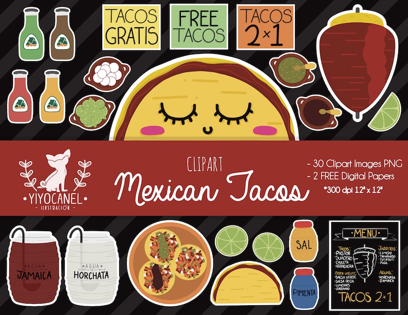 K&ouml;nnte beinhalten: Ein digitales Clipart-Set mit 30 mexikanischen Taco-Illustrationen im PNG-Format. Das Set enth&auml;lt verschiedene Taco-Designs, darunter einen Cartoon-Taco mit geschlossenen Augen, einen Taco mit Bel&auml;gen und einen traditionellen mexikanischen Taco. Das Set enth&auml;lt au&szlig;erdem zwei kostenlose digitale Papiere, die jeweils 30,5 cm x 30,5 cm bei 300 dpi messen.