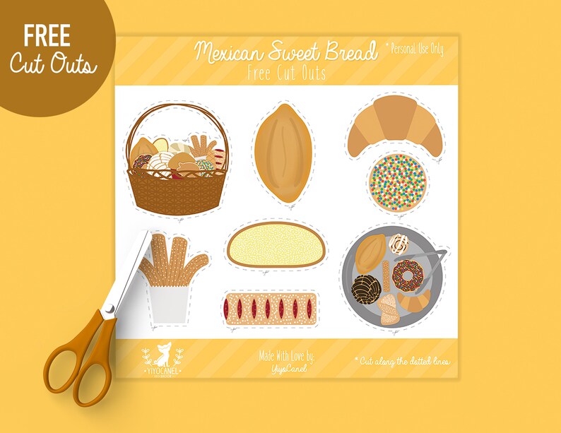 May include: A printable sheet titled Mexican Sweet Bread featuring various illustrated baked goods with dotted cut lines, including a bread basket, a croissant, a tray of pastries, and churros, accompanied by a pair of orange-handled scissors.