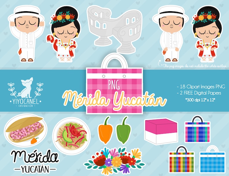 May include: A set of 18 digital clipart images featuring a couple in traditional Yucatan clothing, a pink shopping bag with the text "M&eacute;rida Yucat&aacute;n", and other Yucatan-themed illustrations, including food, flowers, and a dog. The images are 300 dpi and 12 inches by 12 inches.