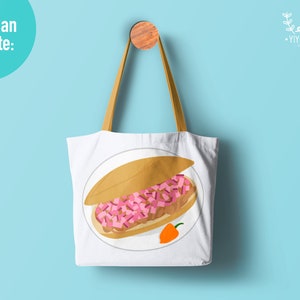 May include: White tote bag with a brown handle. The bag has a design of a sandwich on a white plate with a red pepper. The text "You Can Create" is on the top left corner of the image.