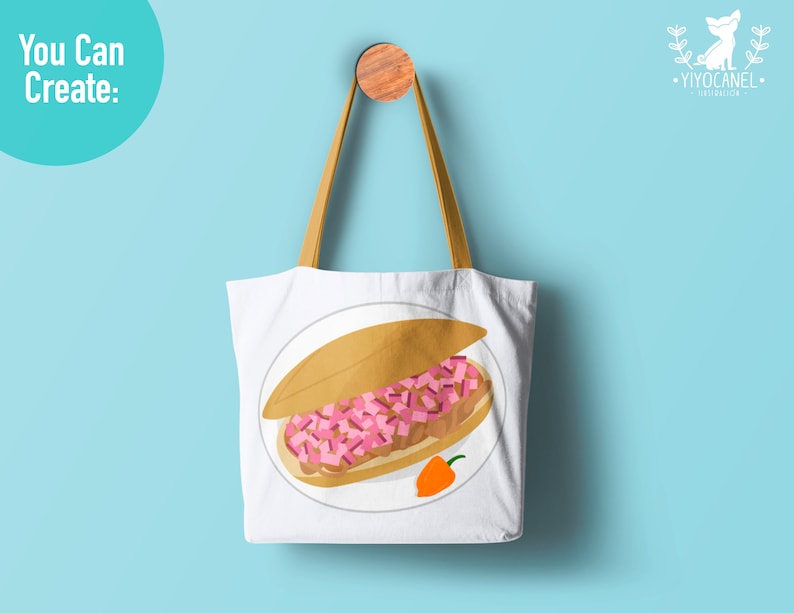 May include: White tote bag with a brown handle. The bag has a design of a sandwich on a white plate with a red pepper. The text "You Can Create" is on the top left corner of the image.