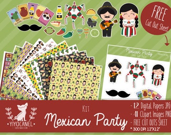 May include: A digital kit titled Mexican Party containing 12 patterned papers and 41 clipart images. The set features illustrations of characters in traditional attire, a piñata, maracas, tacos, and loteria cards, plus a free cut out sheet.