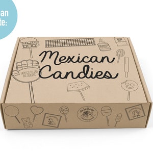 K&ouml;nnte beinhalten: Ein brauner Karton mit der Aufschrift "Mexican Candies" auf der Oberseite. Die Schachtel ist mit verschiedenen schwarz-wei&szlig;en Illustrationen von mexikanischen S&uuml;&szlig;waren verziert, darunter eine Wassermelone, ein Bierkrug, eine Hand und ein Lutscher.