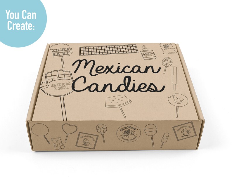 K&ouml;nnte beinhalten: Ein brauner Karton mit der Aufschrift "Mexican Candies" auf der Oberseite. Die Schachtel ist mit verschiedenen schwarz-wei&szlig;en Illustrationen von mexikanischen S&uuml;&szlig;waren verziert, darunter eine Wassermelone, ein Bierkrug, eine Hand und ein Lutscher.