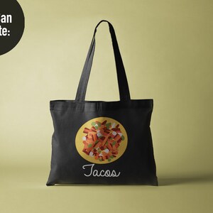 K&ouml;nnte beinhalten: Eine schwarze Tragetasche mit einem gelben Kreis und einem Bild von Tacos darin. Der Text "Tacos" steht unter dem Kreis.