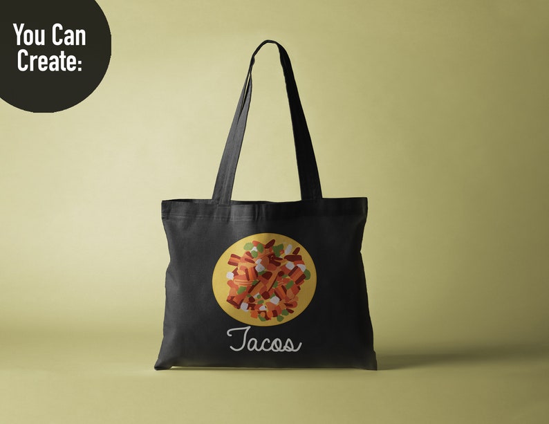 K&ouml;nnte beinhalten: Eine schwarze Tragetasche mit einem gelben Kreis und einem Bild von Tacos darin. Der Text "Tacos" steht unter dem Kreis.