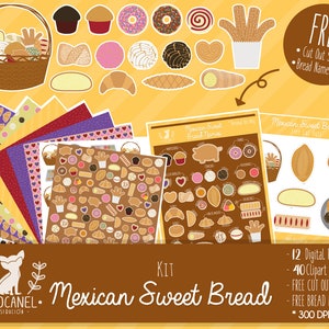 May include: A digital kit featuring Mexican sweet bread illustrations, including a basket of pastries, individual bread graphics, patterned papers, and informational sheets. The set contains 12 digital papers, 40 clipart images, and free cut-out sheets.