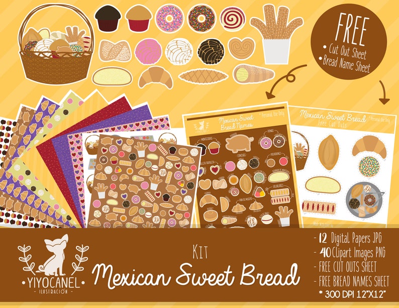 May include: A digital kit featuring Mexican sweet bread illustrations, including a basket of pastries, individual bread graphics, patterned papers, and informational sheets. The set contains 12 digital papers, 40 clipart images, and free cut-out sheets.