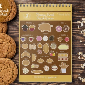 May include: A spiral-bound notepad featuring a chart titled Mexican Sweet Bread Names, displaying various illustrated pastries like conchas, churros, and polvorones with their labels. The cover is brown with white text and graphics.