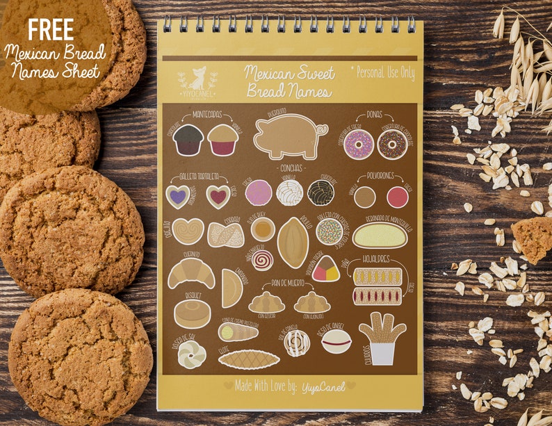 May include: A spiral-bound notepad featuring a chart titled Mexican Sweet Bread Names, displaying various illustrated pastries like conchas, churros, and polvorones with their labels. The cover is brown with white text and graphics.