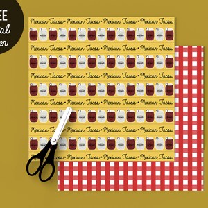 K&ouml;nnte beinhalten: Zwei digitale Papierdesigns. Das erste Design ist ein gelber Hintergrund mit einem sich wiederholenden Muster aus braunen und wei&szlig;en Taschen mit dem aufgedruckten Text "Mexican Tacos". Das zweite Design ist ein rot-wei&szlig;es Karomuster.