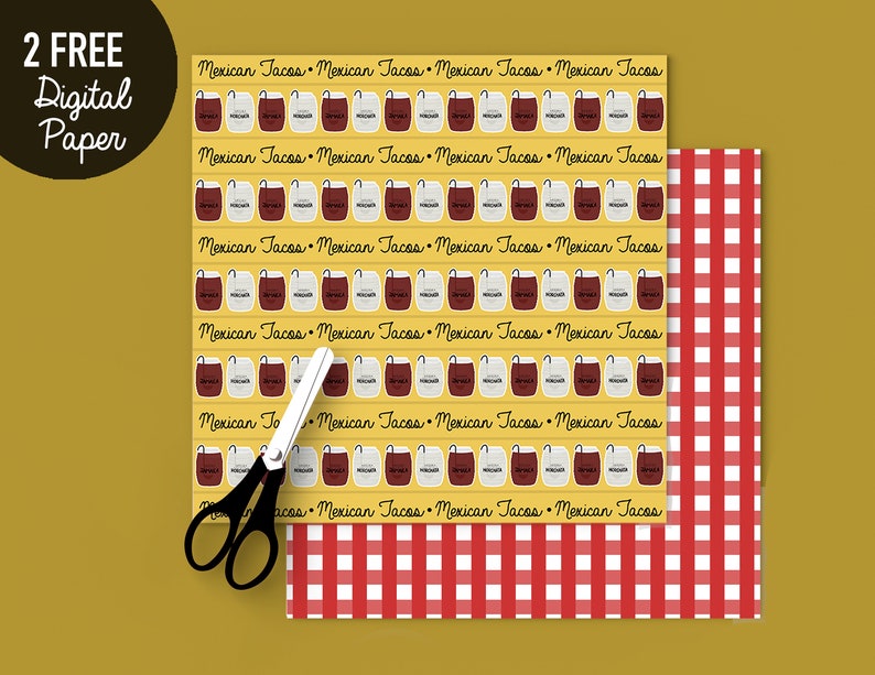 K&ouml;nnte beinhalten: Zwei digitale Papierdesigns. Das erste Design ist ein gelber Hintergrund mit einem sich wiederholenden Muster aus braunen und wei&szlig;en Taschen mit dem aufgedruckten Text "Mexican Tacos". Das zweite Design ist ein rot-wei&szlig;es Karomuster.