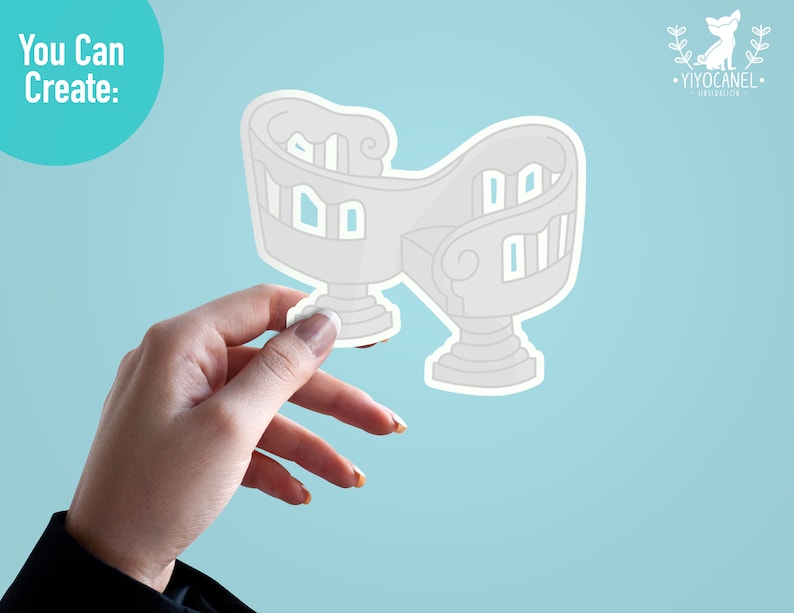 May include: A white sticker of a whimsical, multi-level house with a curved design. The sticker is being held by a hand against a light blue background.