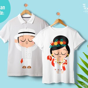May include: Two white t-shirts with a cartoon illustration of a man and a woman wearing traditional Mexican clothing. The man is wearing a white hat and the woman is wearing a flower crown.