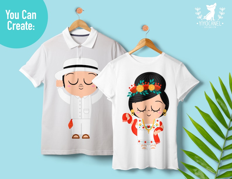 May include: Two white t-shirts with a cartoon illustration of a man and a woman wearing traditional Mexican clothing. The man is wearing a white hat and the woman is wearing a flower crown.