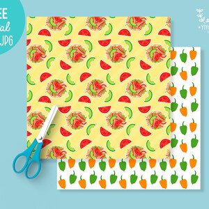 May include: Two digital paper designs. The first design features a yellow background with a repeating pattern of tacos, tomatoes, and avocado slices. The second design features a white background with a repeating pattern of green and orange bell peppers. The text "2 FREE Digital Paper JPG" is in the top left corner of the image.