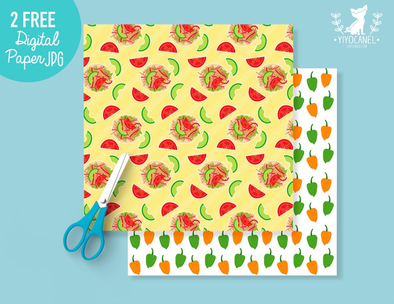 May include: Two digital paper designs. The first design features a yellow background with a repeating pattern of tacos, tomatoes, and avocado slices. The second design features a white background with a repeating pattern of green and orange bell peppers. The text "2 FREE Digital Paper JPG" is in the top left corner of the image.