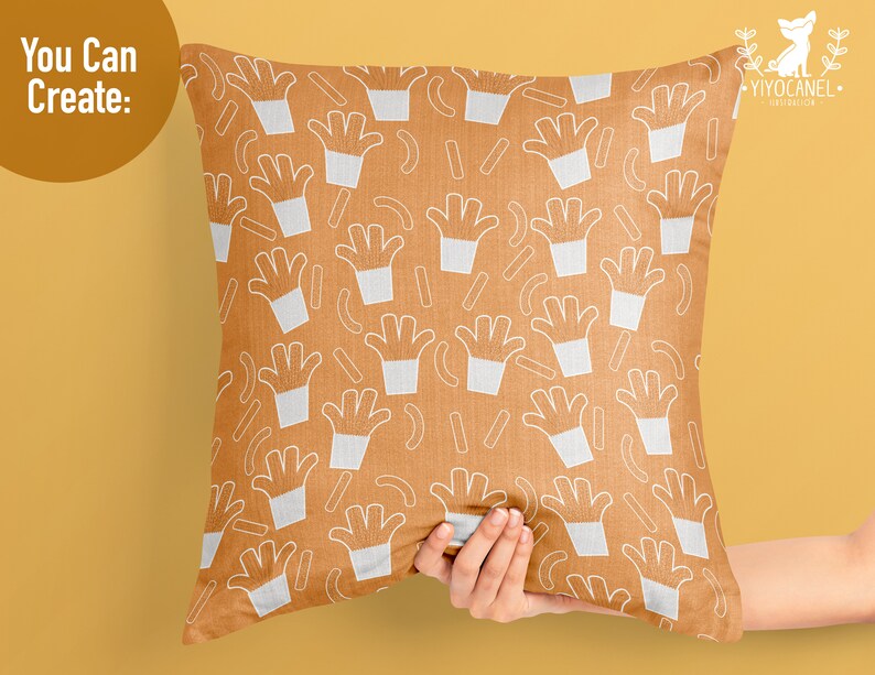 May include: A square throw pillow with a mustard yellow background featuring a repeating white line art pattern of french fry containers and individual fries. The top left corner includes the text You Can Create and the top right has YIYOCANEL.