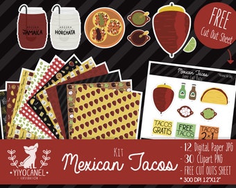 May include: A digital kit featuring Mexican taco-themed graphics, including 12 patterned papers and 30 clipart images of tacos, al pastor meat, beverages, and sauces. The set includes a printable cut-out sheet with text like Tacos Gratis.