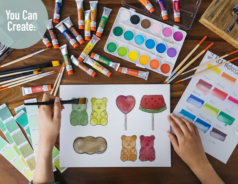 K&ouml;nnte beinhalten: Ein Kind malt ein Aquarellbild von Gummib&auml;rchen, einem Lolli und einer Wassermelonen-Scheibe. Die Illustration befindet sich auf einem wei&szlig;en Blatt Papier. Das Kind verwendet einen Pinsel und eine Aquarellfarbpalette. Das Bild enth&auml;lt den Text "You Can Create:"