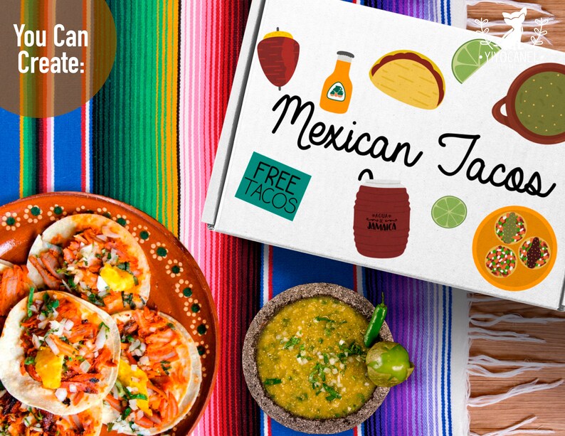 K&ouml;nnte beinhalten: Ein Teller mit mexikanischen Tacos mit Bel&auml;gen, eine Sch&uuml;ssel mit gr&uuml;ner Salsa und eine Schachtel mit dem Text "Mexican Tacos" und "Free Tacos".